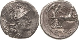 Römische Republik
Anonym, 157/156 v. Chr Denar Romakopf mit Flügelhelm nach rechts, dahinter Wertzeichen X / Nike in Biga nach rechts, darunter ROMA ...