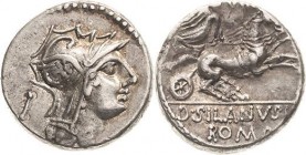 Römische Republik
D. Junius L f. Silanus 91 v. Chr Denar Romakopf nach rechts, dahinter I / Victoria in Biga nach rechts (darüber XXVIII), darunter D...