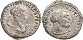 Kaiserzeit
Trajan 98-117 Tetradrachme 110/111, Antiochia ad Orontem/Syria oder Tyros/Phoenicia Kopf mit Lorbeerkranz nach rechts, darunter Keule und ...