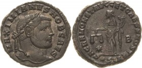 Kaiserzeit
Galerius Caesar 293-305 Follis 300/303, Siscia Kopf mit Lorbeerkranz nach rechts, MAXIMIANVS NOB CAES / Moneta steht mit Wage und Füllhorn...