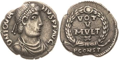 Kaiserzeit
Jovianus 363-364 Siliqua 363/364, Constantinopel Brustbild mit Juwel...