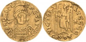 Kaiserzeit
Leo I. 457-474 Solidus 465/466, Constantinopel Brustbild fast von vorn mit Helm und geschultertem Speer, DN LEO PERPET AVG / Victoria steh...