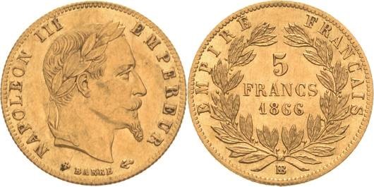 Frankreich
Napoleon III. 1852-1870 5 Francs 1866, BB-Straßburg Gadoury 1002 Sch...