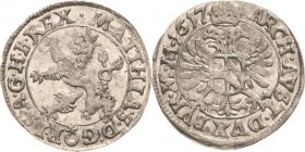 Habsburg
Matthias 1608-1619 Weißgroschen 1617, Stern über Halbmond-Prag Dietiker 420 Donebauer 1918 Prachtvolles Exemplar. Stempelglanz