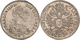 Habsburg
Josef II. 1764-1790 3 Kreuzer 1779, A/CA-Wien Eypeltauer 845 Seltenes und prachtvolles Exemplar. Avers min. justiert, Stempelglanz