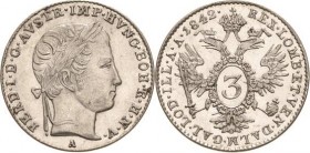 Kaiserreich Österreich
Ferdinand I. 1835-1848 3 Kreuzer 1842, A-Wien Jaeger 241 Prachtexemplar. Avers minimal berieben, fast Stempelglanz/Stempelglan...