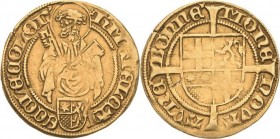 Köln - Erzbischöfliche Prägungen
Hermann von Hessen 1480-1508 Goldgulden o. J. Bonn Mit Titel Electus. Hüftbild St. Petri über Wappen / Vierfeldiges ...