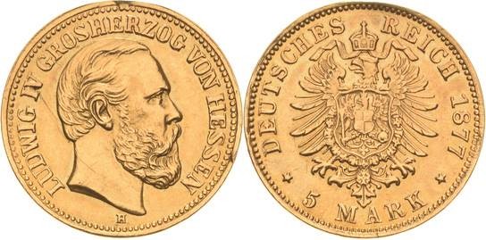 Hessen
Ludwig IV. 1877-1892 5 Mark 1877 H Jaeger 218 Selten. Fassungsspuren, se...