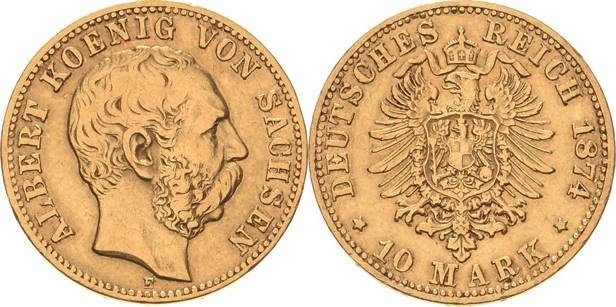 Sachsen
Albert 1873-1902 10 Mark 1874 E Jaeger 261 Seltener Jahrgang. Sehr schö...