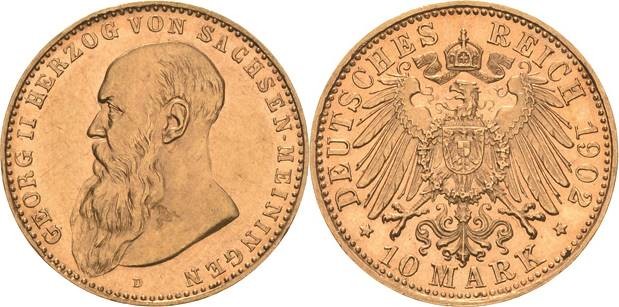 Sachsen-Meiningen
Georg II. 1866-1914 10 Mark 1902 D Jaeger 280 Selten. Fast vo...