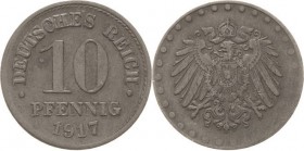 Ersatzmünzen des Ersten Weltkrieges
 10 Pfennig 1917 o. Mzz Rondenverwechslung - Zink statt Eisen Jaeger 298 Z Selten. Sehr schön-vorzüglich