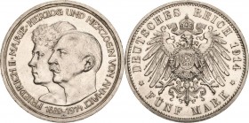 Anhalt
Friedrich II. 1904-1918 5 Mark 1914 A Silberhochzeit Jaeger 25 Kl. Randfehler, Avers kl. Kratzer, fast vorzüglich/vorzüglich