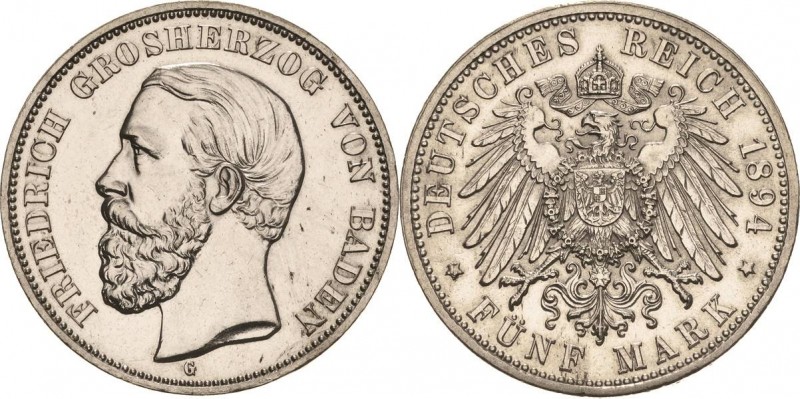 Baden
Friedrich I. 1856-1907 5 Mark 1894 G Jaeger 29 Leicht berieben, vorzüglic...