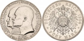Hessen
Ernst Ludwig 1892-1918 5 Mark 1904 (A) 400. Geburtstag Philipp des Großmütigen Jaeger 75 Avers mattiert/Polierte Platte