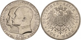 Hessen
Ernst Ludwig 1892-1918 5 Mark 1904 (A) 400. Geburtstag Philipp des Großmütigen Jaeger 75 Min. Randfehler, vorzüglich/prägefrisch