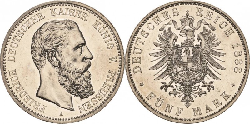 Preußen
Friedrich III. 1888 5 Mark 1888 A Jaeger 99 Vom polierten Stempel. Kl. ...