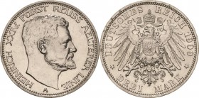 Reuss-Ältere Linie
Heinrich XXIV. 1902-1918 3 Mark 1909 A Jaeger 119 Stempelglanz