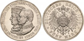 Sachsen
Friedrich August III. 1904-1918 5 Mark 1909 (E) Universität Leipzig Jaeger 139 Min. Randfehler, kl. Kratzer, fast Stempelglanz