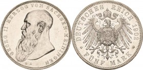 Sachsen-Meiningen
Georg II. 1866-1914 5 Mark 1902 D Langer Bart Jaeger 153 a Von polierten Stempeln. Kl. Kratzer, fast vorzüglich/vorzüglich