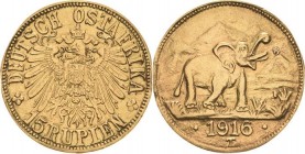 Deutsch Ostafrika
 15 Rupien 1916, T Geprägt aus dem Gold der Sekenke Goldmine Jaeger 728 b GOLD. Fassungsspuren, Rand bearbeitet, sehr schön/sehr sc...