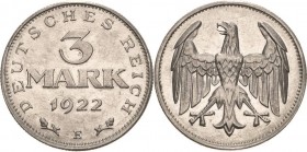Ersatz und Inflationsmünzen 1919-1923
 3 Mark 1922 E Jaeger 302 Sehr selten. Fast vorzüglich