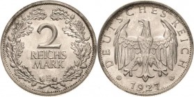 Kleinmünzen
 2 Reichsmark 1927 E Jaeger 320 Selten in dieser Erhaltung. Fast Stempelglanz