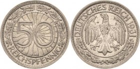 Kleinmünzen
 50 Reichspfennig 1931 G Jaeger 324 Selten. Sehr schön+