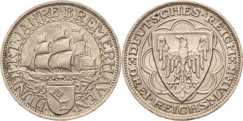 Gedenkausgaben
 3 Reichsmark 1927 A Bremerhaven Jaeger 325 Fast Stempelglanz