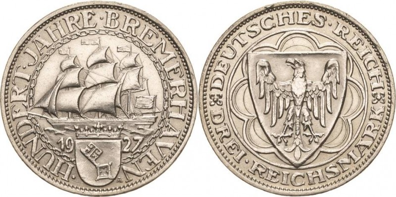 Gedenkausgaben
 3 Reichsmark 1927 A Bremerhaven Jaeger 325 Kl. Randfehler, vorz...