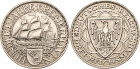 Gedenkausgaben
 3 Reichsmark 1927 A Bremerhaven Jaeger 325 Kl. Randfehler, vorzüglich/vorzüglich-Stempelglanz