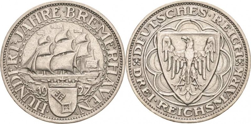 Gedenkausgaben
 3 Reichsmark 1927 A Bremerhaven Jaeger 325 Fast vorzüglich