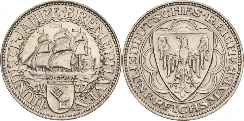 Gedenkausgaben
 5 Reichsmark 1927 A Bremerhaven Jaeger 326 Vorzüglich-Stempelgl...