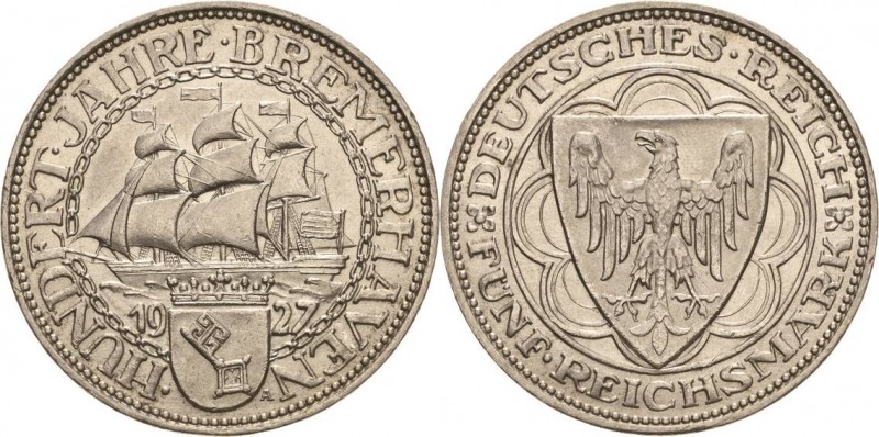 Gedenkausgaben
 5 Reichsmark 1927 A Bremerhaven Jaeger 326 Vorzüglich-Stempelgl...