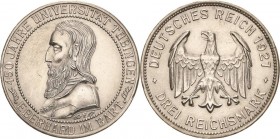 Gedenkausgaben
 3 Reichsmark 1927 F Tübingen Jaeger 328 Kl. Randfehler, fast vorzüglich/vorzüglich-Stempelglanz