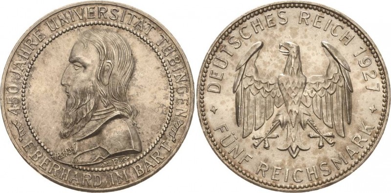 Gedenkausgaben
 5 Reichsmark 1927 F Tübingen Jaeger 329 Vorzüglich-Stempelglanz...