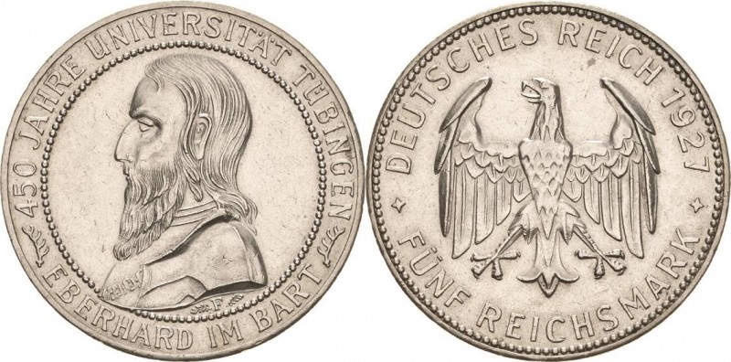 Gedenkausgaben
 5 Reichsmark 1927 F Tübingen Jaeger 329 Fast vorzüglich