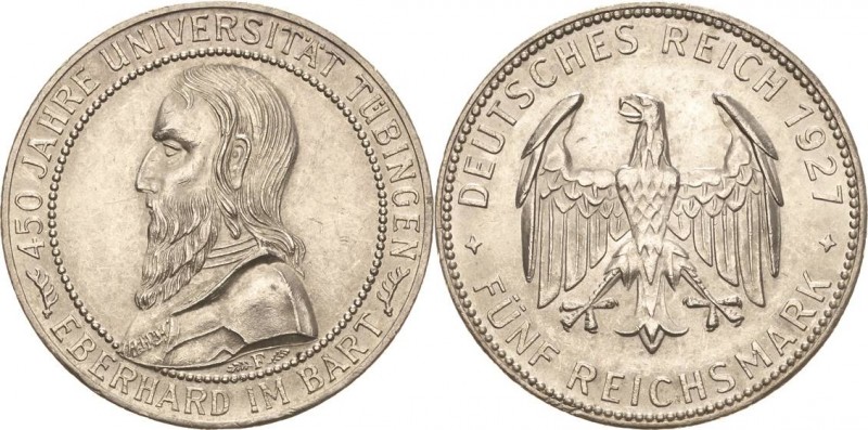 Gedenkausgaben
 5 Reichsmark 1927 F Tübingen Jaeger 329 Kl. Randfehler, fast vo...