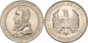 Gedenkausgaben
 5 Reichsmark 1927 F Tübingen Jaeger 329 Kl. Randfehler, fast vorzüglich/vorzüglich-Stempelglanz