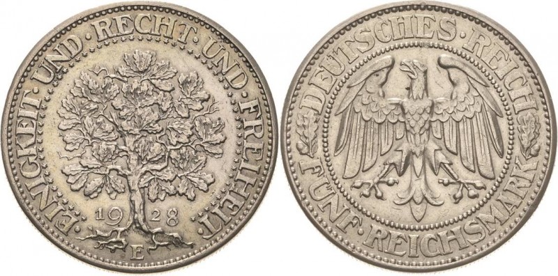 Gedenkausgaben
 5 Reichsmark 1928 E Eichbaum Jaeger 331 Rand leicht bearbeitet,...