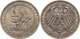 Gedenkausgaben
 3 Reichsmark 1928 D Dürer Jaeger 332 Prachtvolles Exemplar mit feiner Patina. Fast prägefrisch/prägefrisch