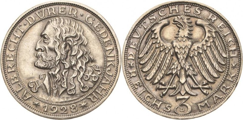 Gedenkausgaben
 3 Reichsmark 1928 D Dürer Jaeger 332 Randfehler, fast vorzüglic...