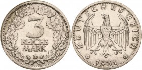 Gedenkausgaben
 3 Reichsmark 1931 D Kursmünze Jaeger 349 Zaponiert, kl. Randfehler, sehr schön-vorzüglich