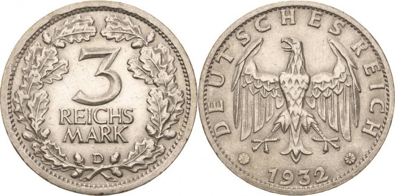 Gedenkausgaben
 3 Reichsmark 1932 D Kursmünze Jaeger 349 Kl. Randfehler, fast v...