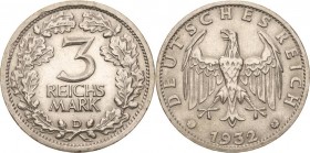 Gedenkausgaben
 3 Reichsmark 1932 D Kursmünze Jaeger 349 Kl. Randfehler, fast vorzüglich