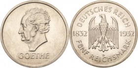 Gedenkausgaben
 5 Reichsmark 1932 D Goethe Jaeger 351 Vorzüglich/vorzüglich-Stempelglanz