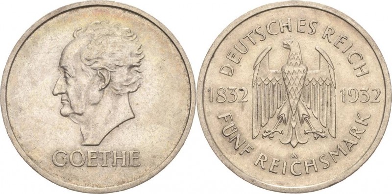 Gedenkausgaben
 5 Reichsmark 1932 A Goethe Jaeger 351 Fast vorzüglich