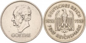 Gedenkausgaben
 5 Reichsmark 1932 A Goethe Jaeger 351 Avers kl. Kratzer, berieben, sehr schön-vorzüglich