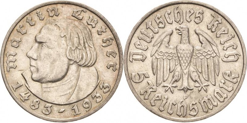 Gedenkausgaben
 5 Reichsmark 1933 F Luther Jaeger 353 Sehr schön-vorzüglich