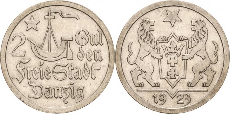 Ausgaben des Freistaates
 2 Gulden 1923. Kogge Jaeger D 8 Kl. Randfehler, sehr ...