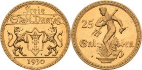 Ausgaben des Freistaates
 25 Gulden 1930 (A) Jaeger D 11 GOLD. Seltenes und attraktives Exemplar. Vorzüglich-Stempelglanz